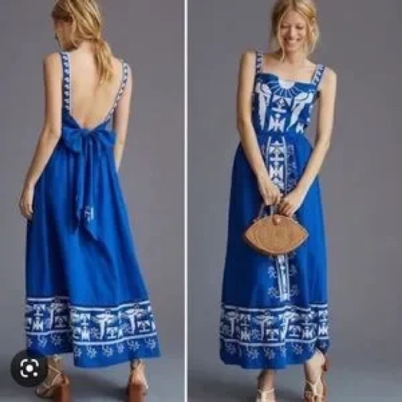 FARM RIO ANTHROPOLOGIE NWOT MACAW EMBROIDERED MAXI BLUE DRESS XS - Picture 2 of 16